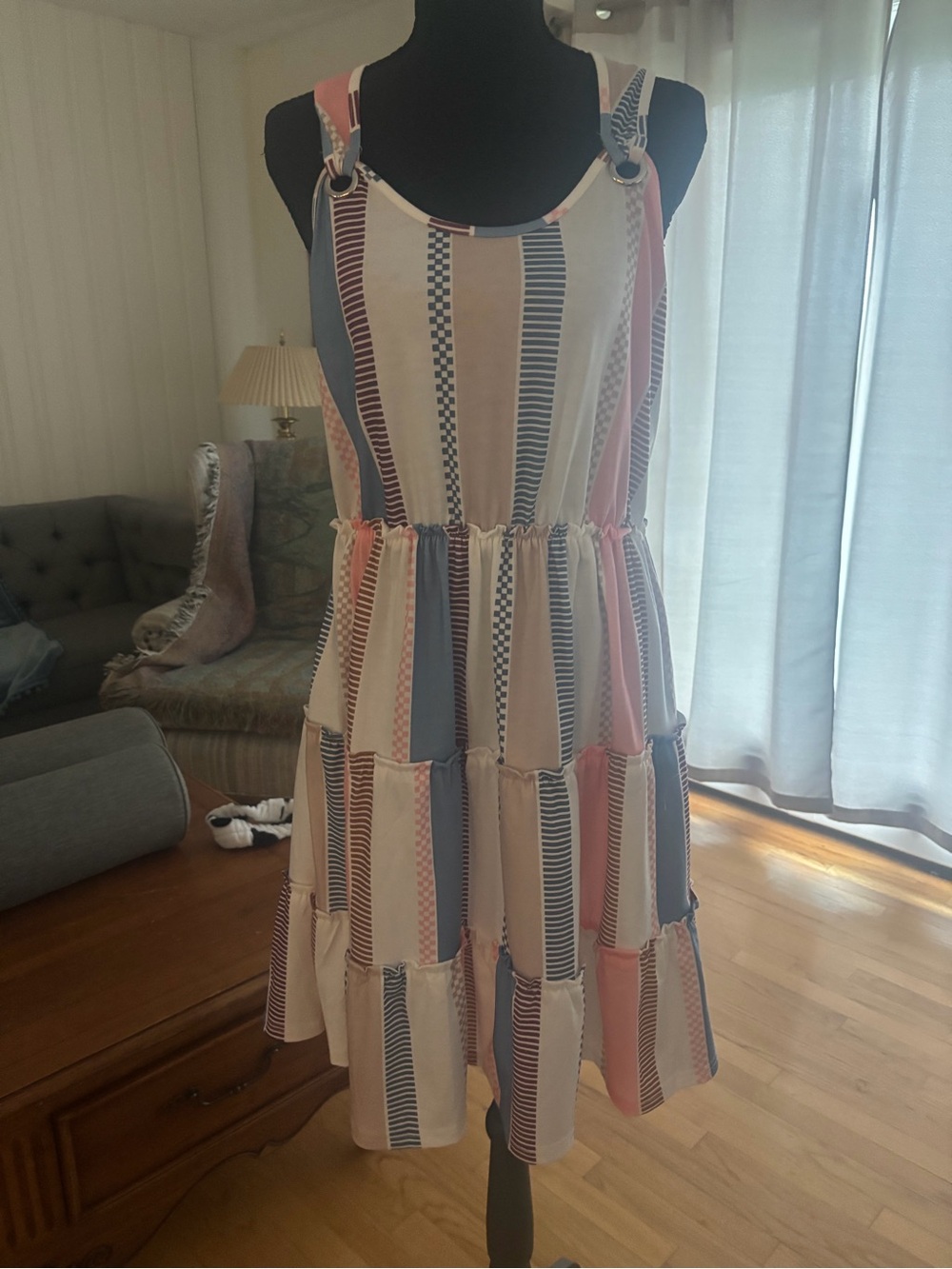 Striped Tiered Mini Dress in Cream, Blue & Pink